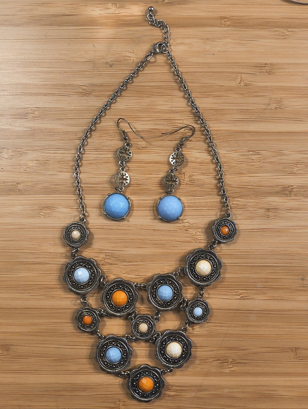 Southwestern Medallion Bib Necklace & Dangle Earring Set Blue Orange Cream Boho